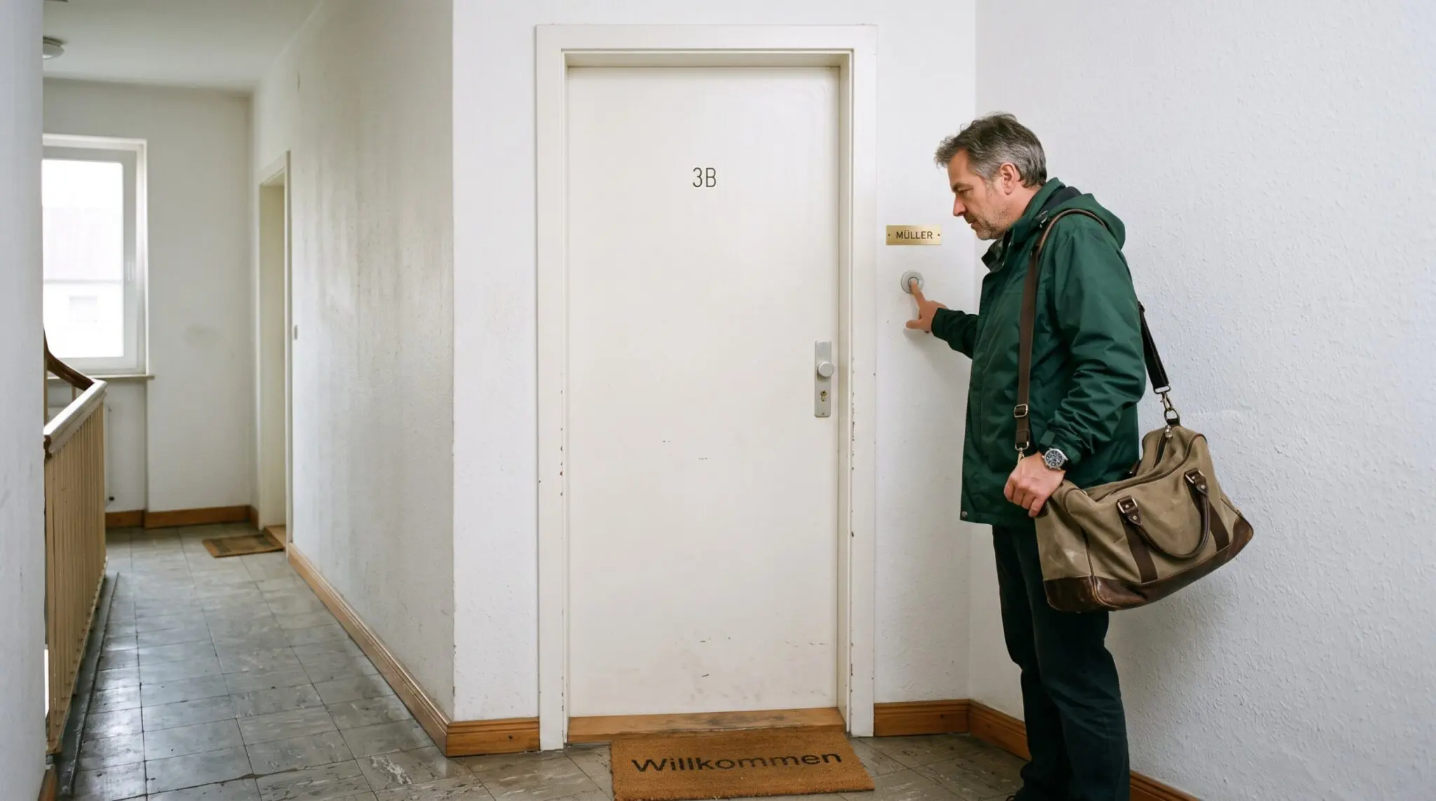 Mann mit Reisetasche drückt im Hausflur auf die Klingel einer geschlossenen Wohnungstür