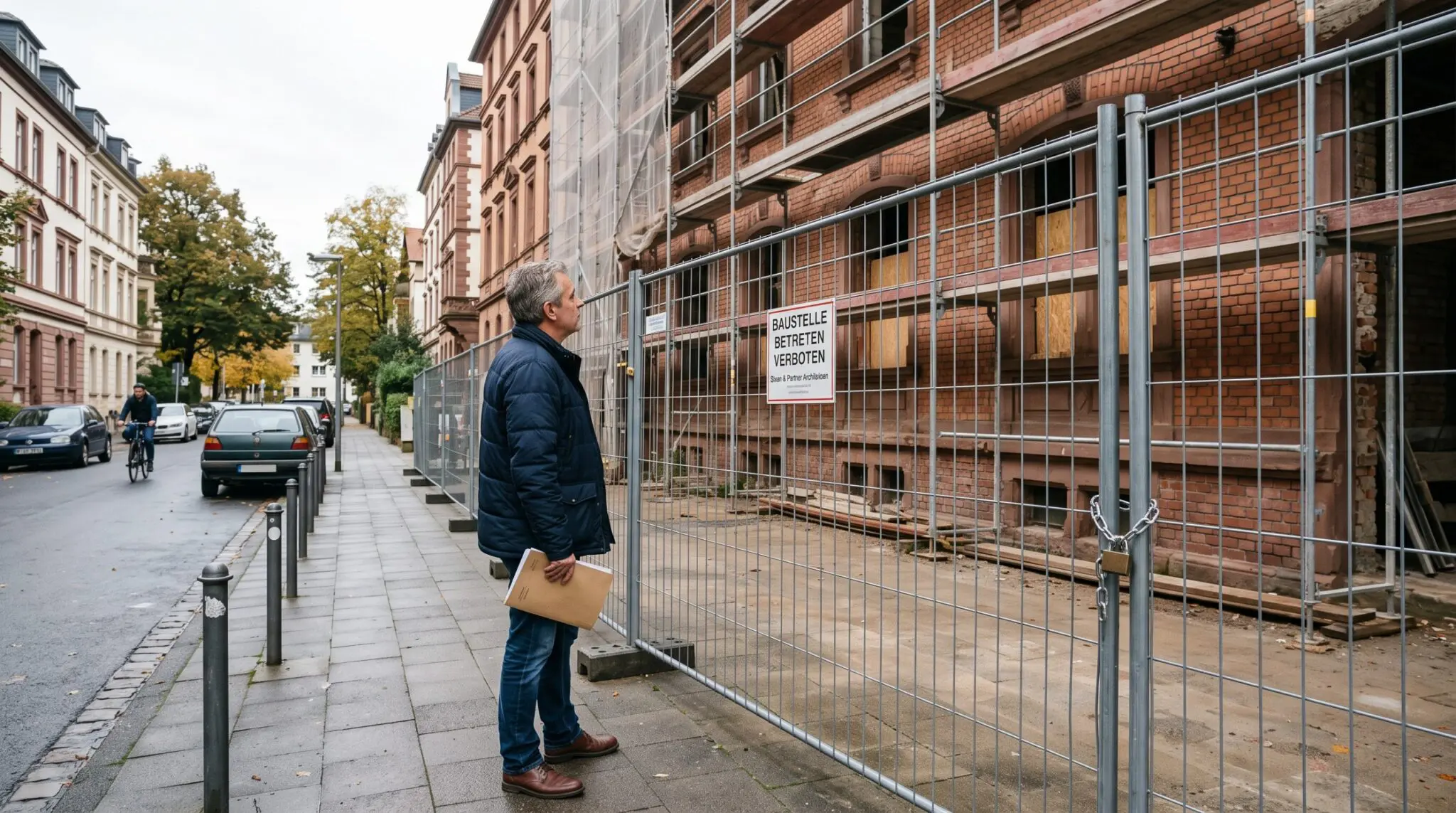Mann mit Mappe vor Bauzaun mit Schloss, dahinter unfertiger Backsteinbau mit Gerüst