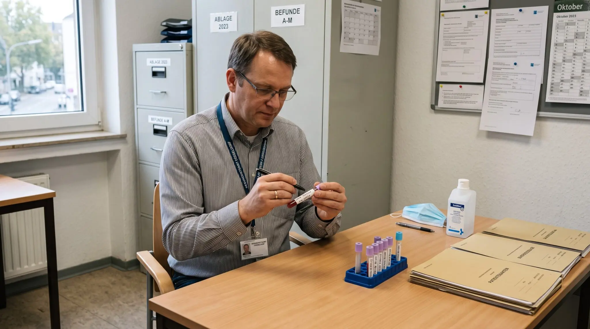 Bediensteter im Gesundheitsamt etikettiert am Schreibtisch ein Probenröhrchen neben Desinfektion