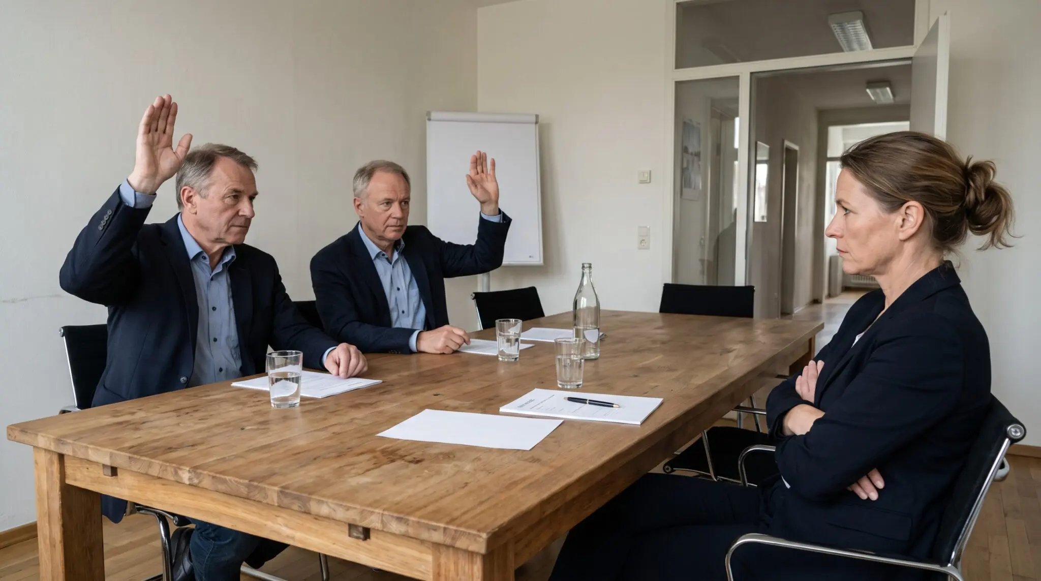 Zwei Gesellschafter stimmen per Handzeichen ab, während Gesellschafterin mit verschränkten Armen ablehnt