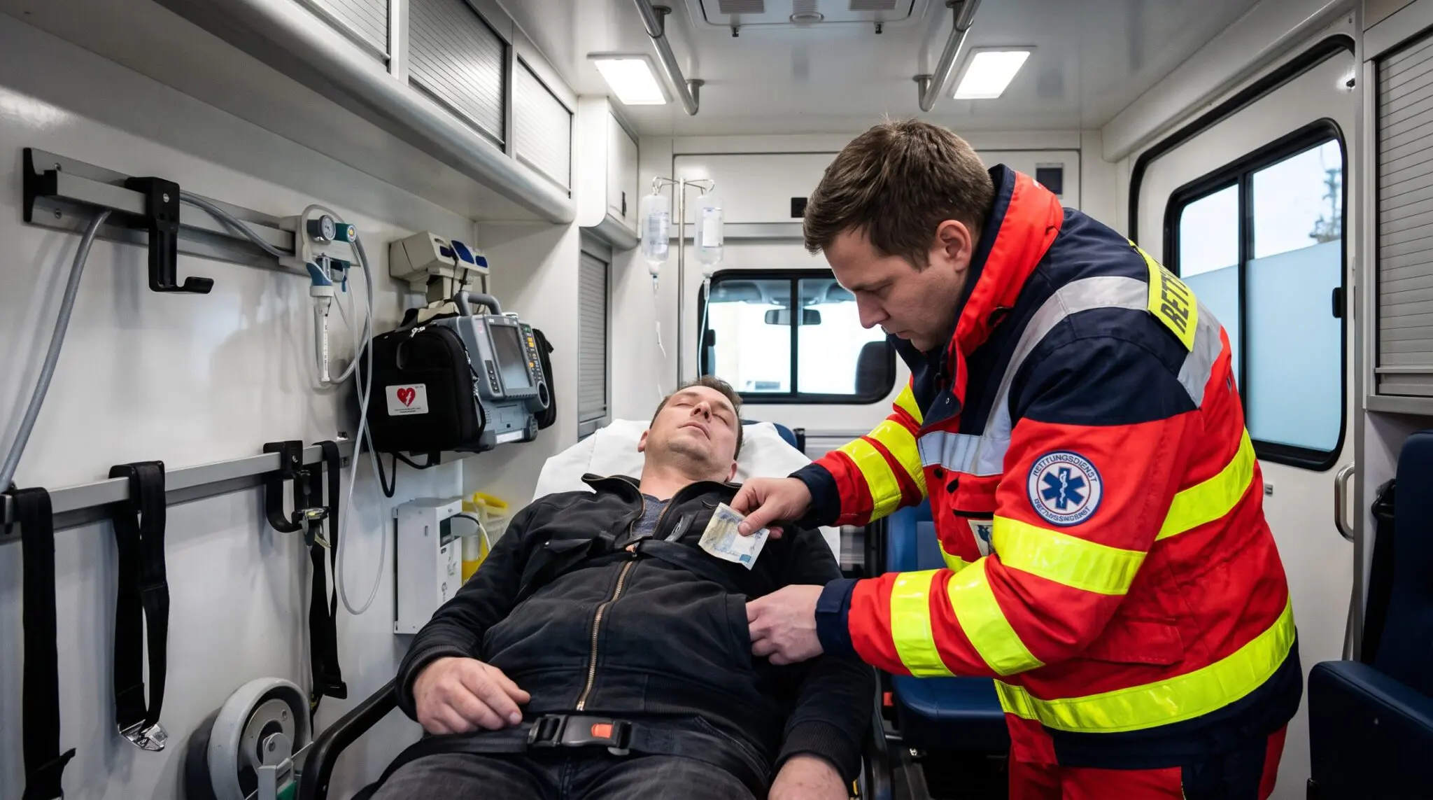 Rettungsassistent im Krankenwagen zieht heimlich Geldschein aus Jacke eines bewusstlosen Patienten