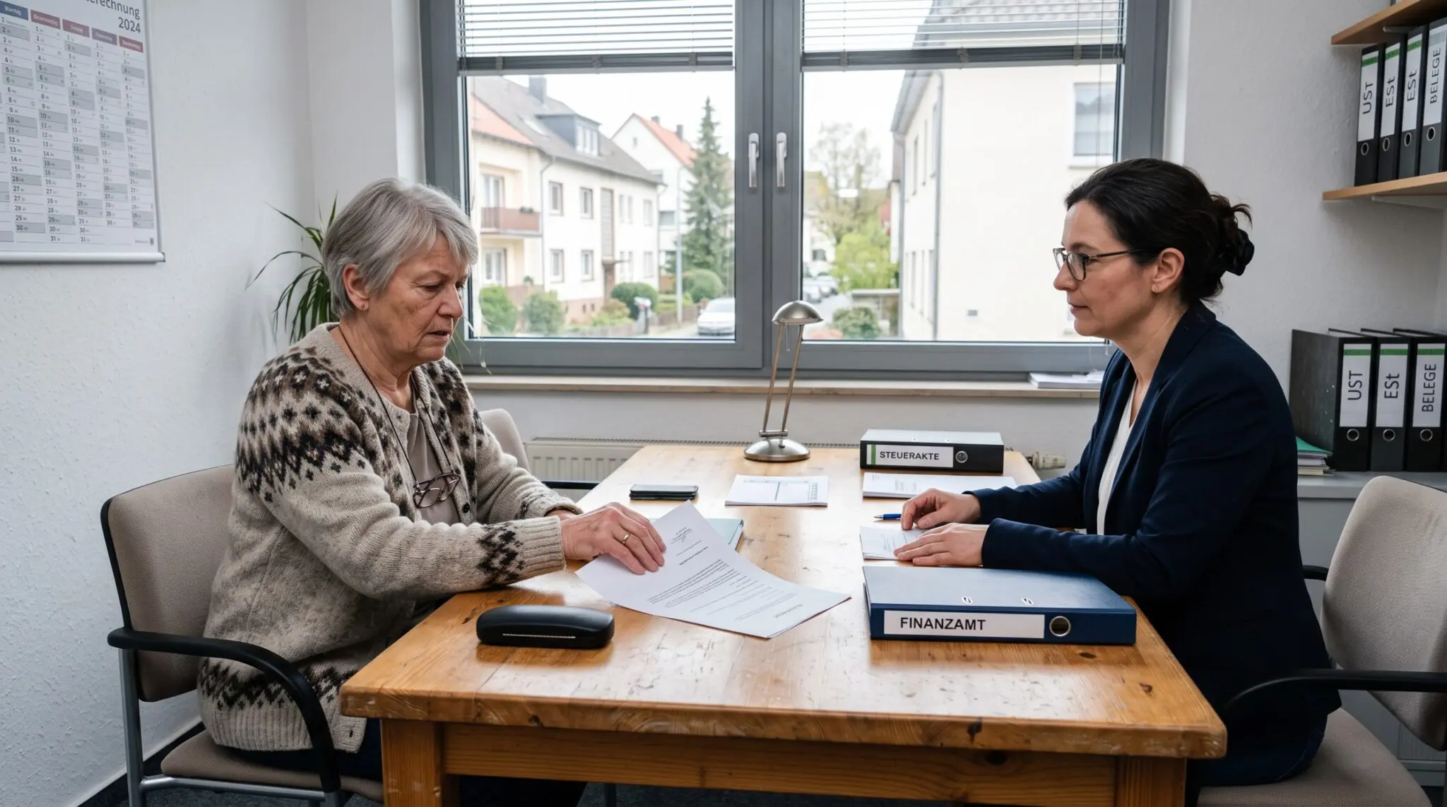 Ältere Mandantin schiebt im Besprechungszimmer ein Vertragsdokument über den Tisch zurück