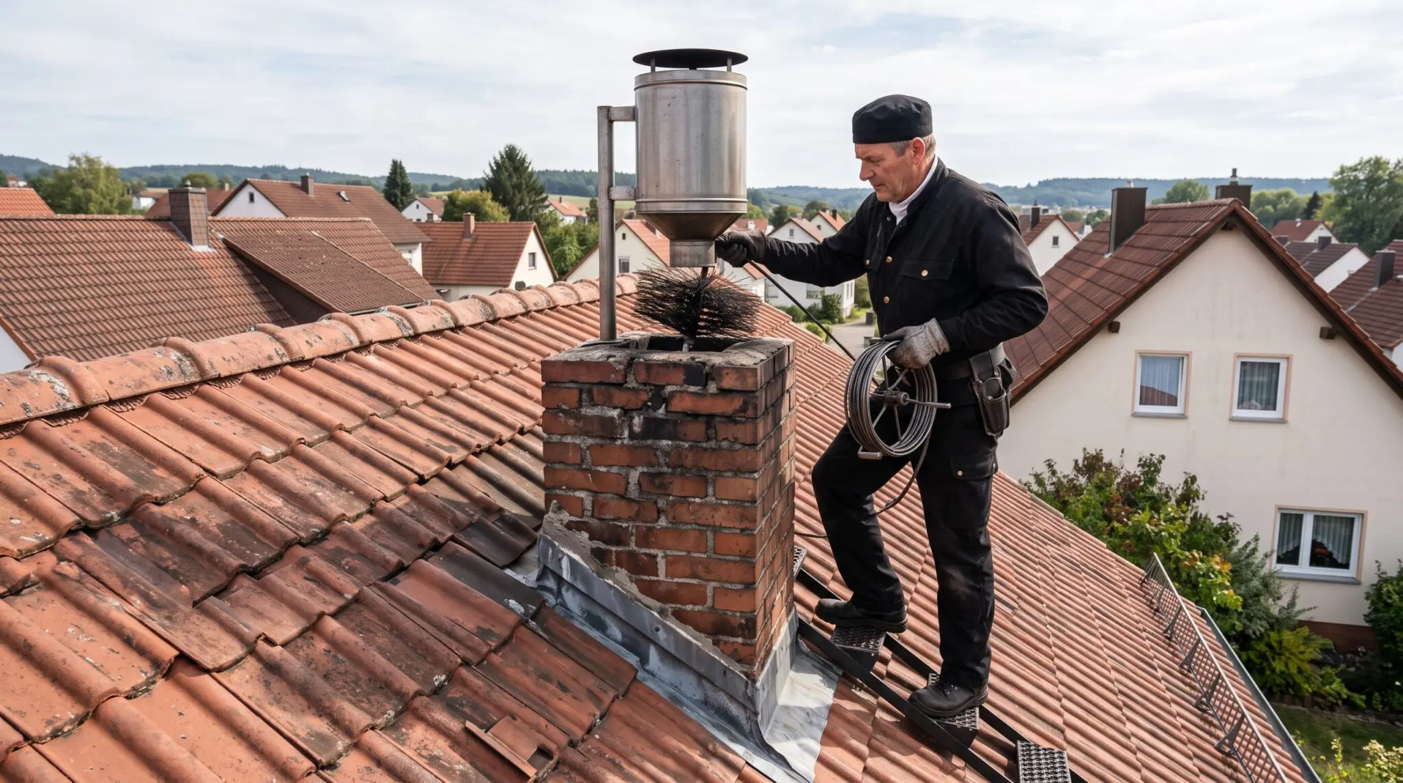 Schornsteinfeger auf Ziegeldach führt Kehrbürste in Schornstein mit Partikelabscheider ein