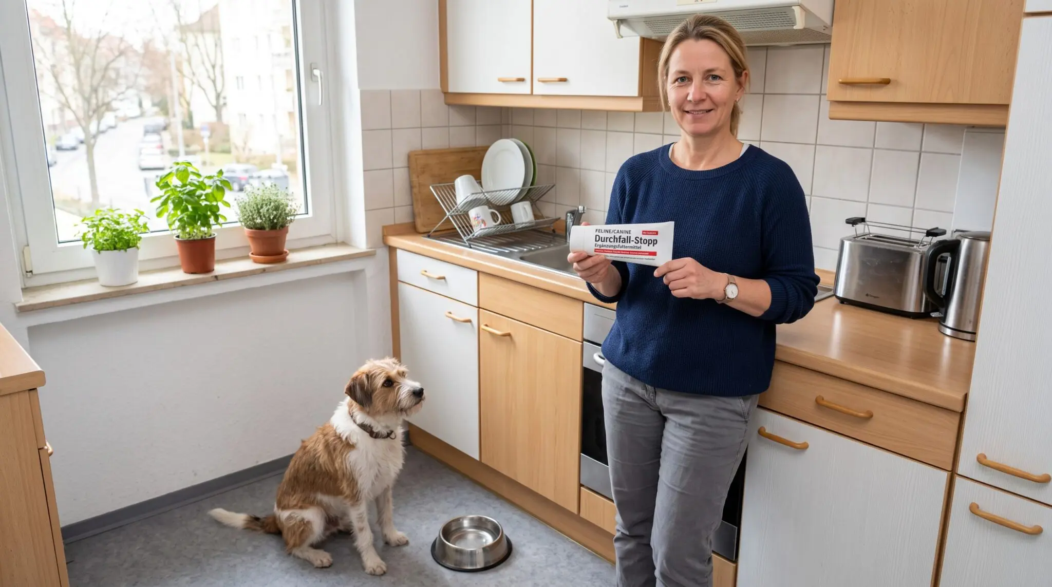Frau hält in heller Küche Paste mit Aufschrift Durchfall-Stopp, Hund sitzt neben Stahlnapf