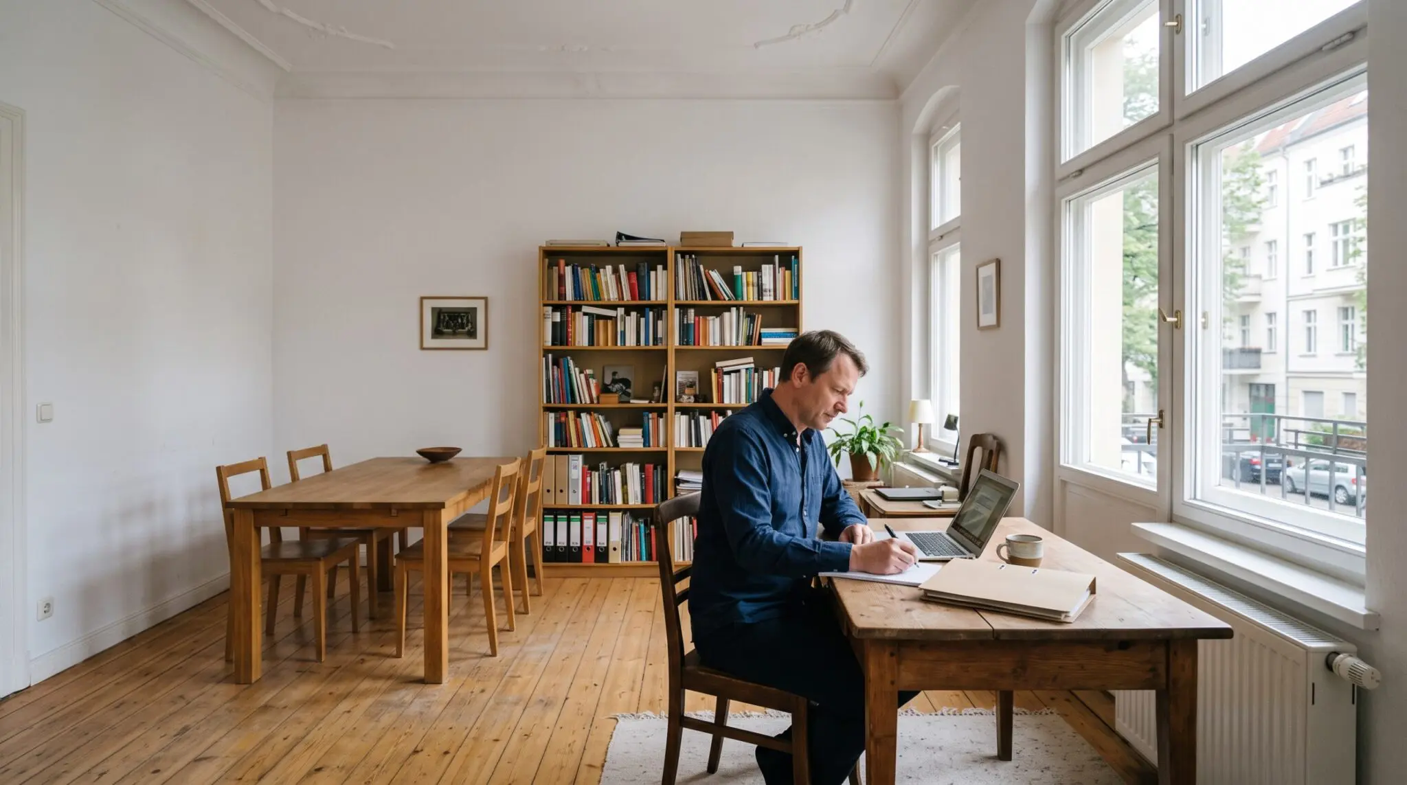 Mann am Schreibtisch mit Laptop in Altbauzimmer mit Bücherregal und Esstisch