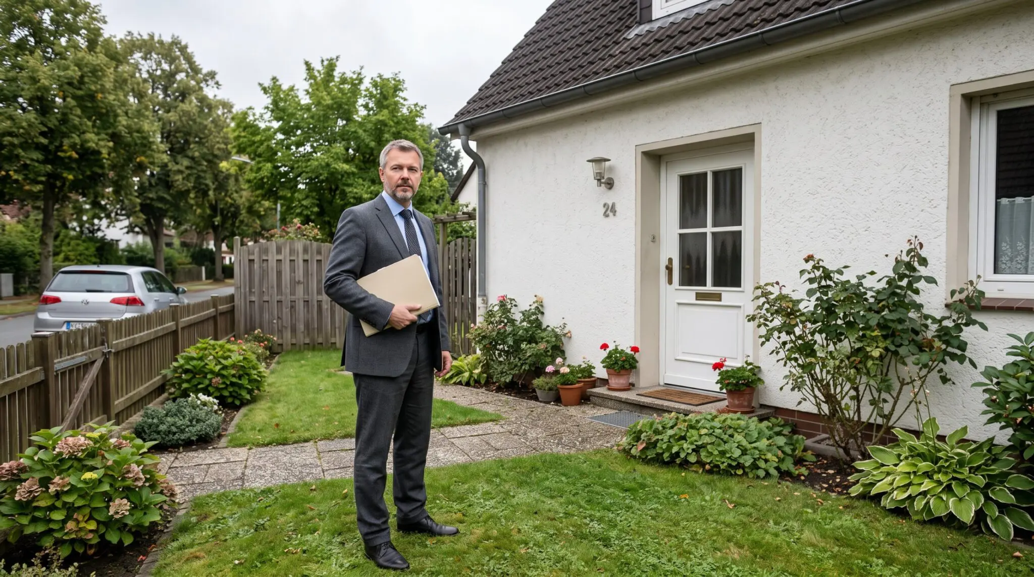 Verwalter mit schmaler Aktenmappe steht im Vorgarten vor geerbtem Einfamilienhaus mit weißer Tür