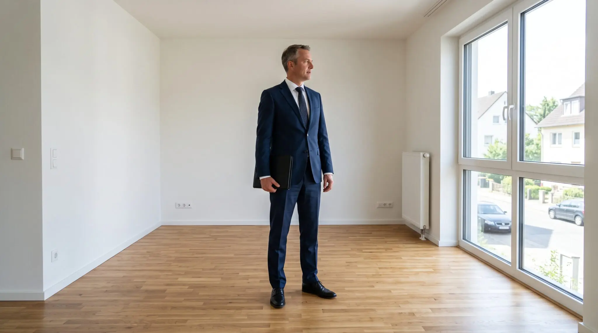 Mann im Anzug mit Mappe in leerer heller Eigentumswohnung mit Parkett und Fenster