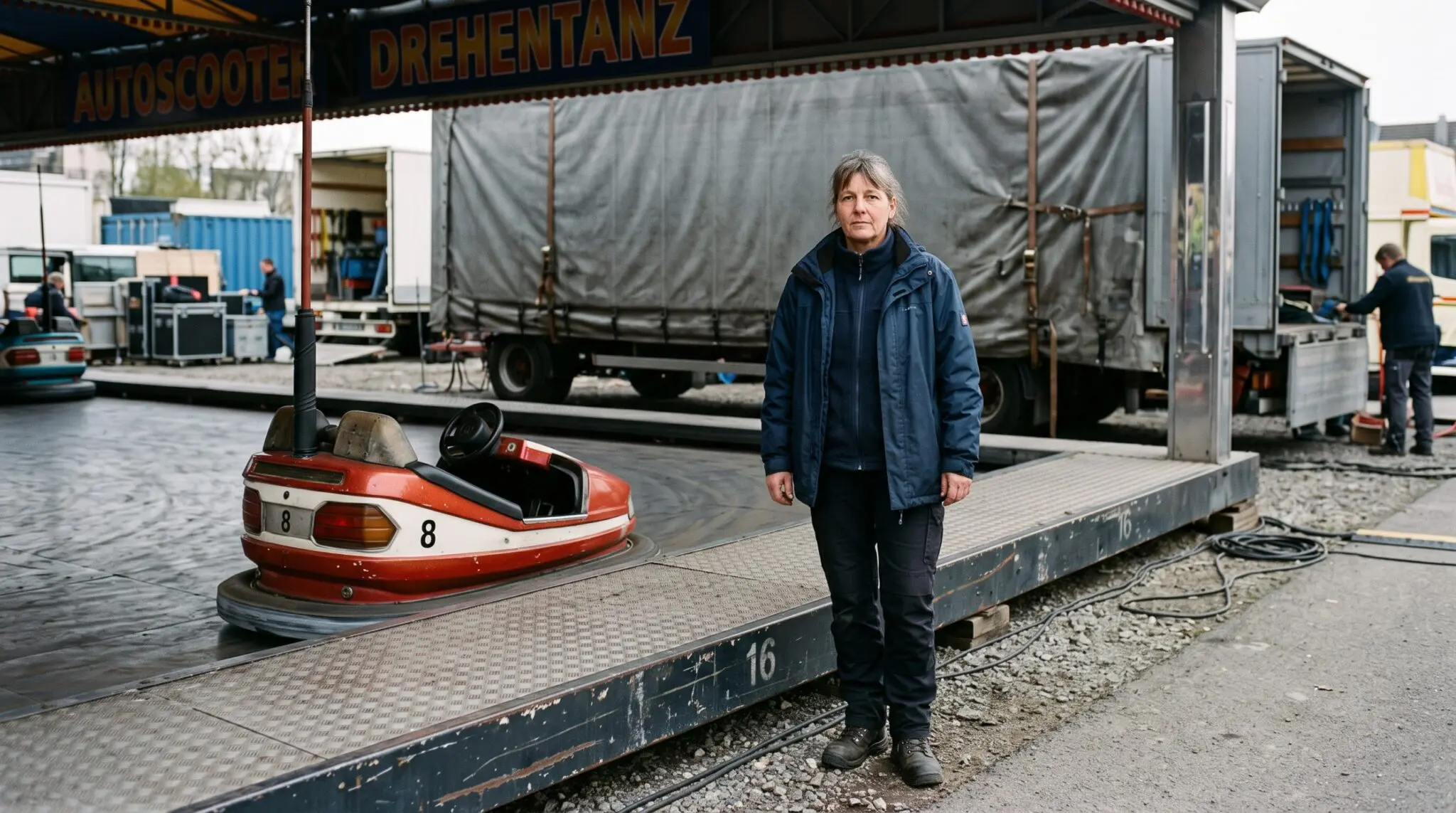 Ernste Schaustellerin neben ruhendem Autoscooter mit einzelner Chaise auf Betriebshof