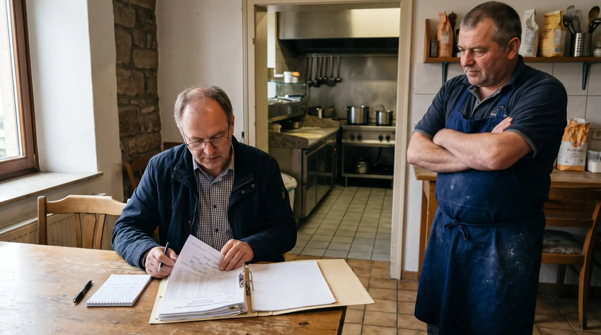 Prüfer am Holztisch mit geöffneter Prüfmappe, Pizzeriainhaber mit Schürze steht daneben