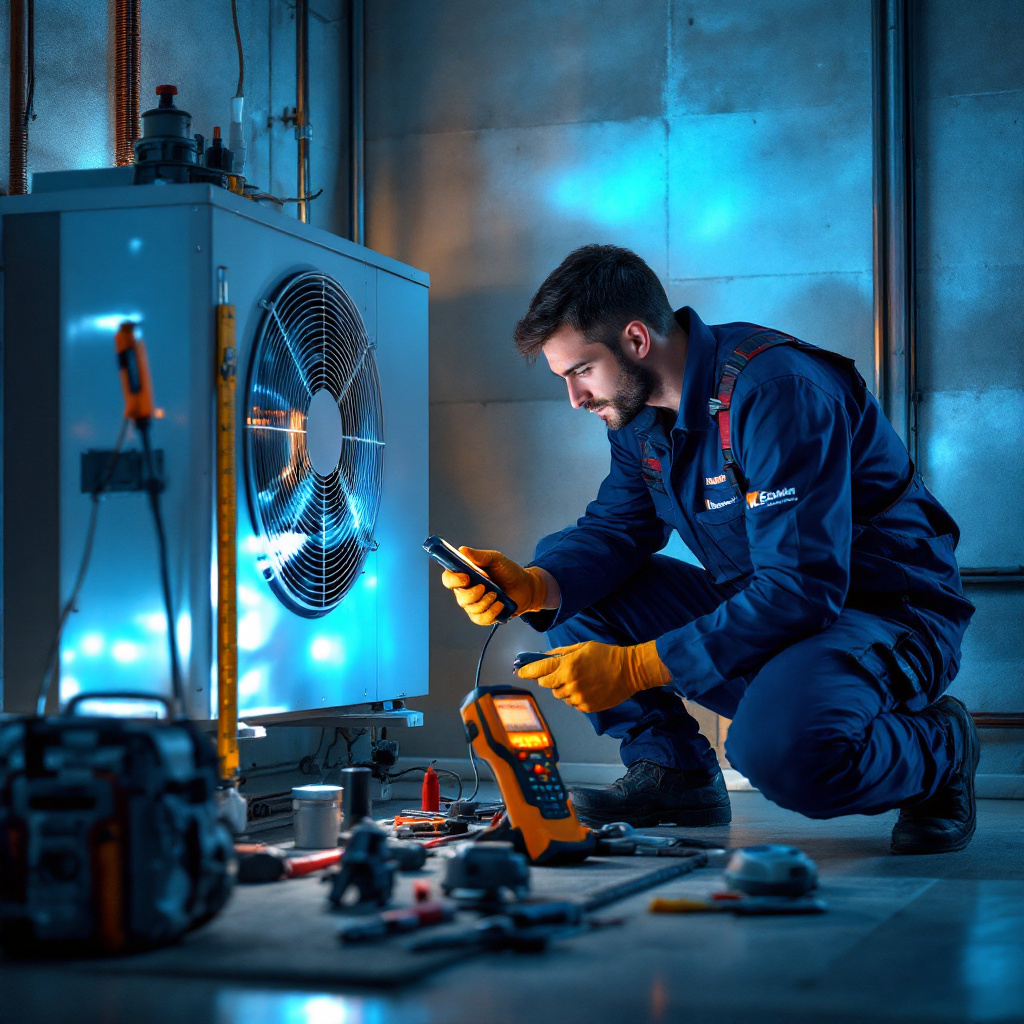 Wartungstechniker überprüft Wärmepumpenanlage im Heizungskeller mit Messgerät
