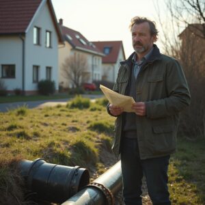Käufer inspiziert ein verstopftes Abwasserrohr auf Grundstück.