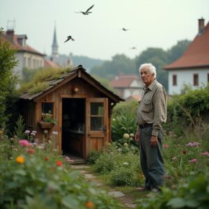 Kleingartenpächter vor seinem Gartenhaus.