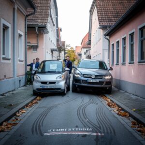 Zwei Fahrer stehen gestresst neben ihren Autos in einer engen Stuttgarter Straße.