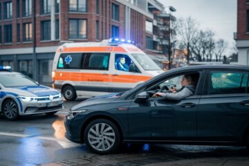Verkehrsunfall zwischen Rettungswagen im Einsatz und PKW der abbiegt