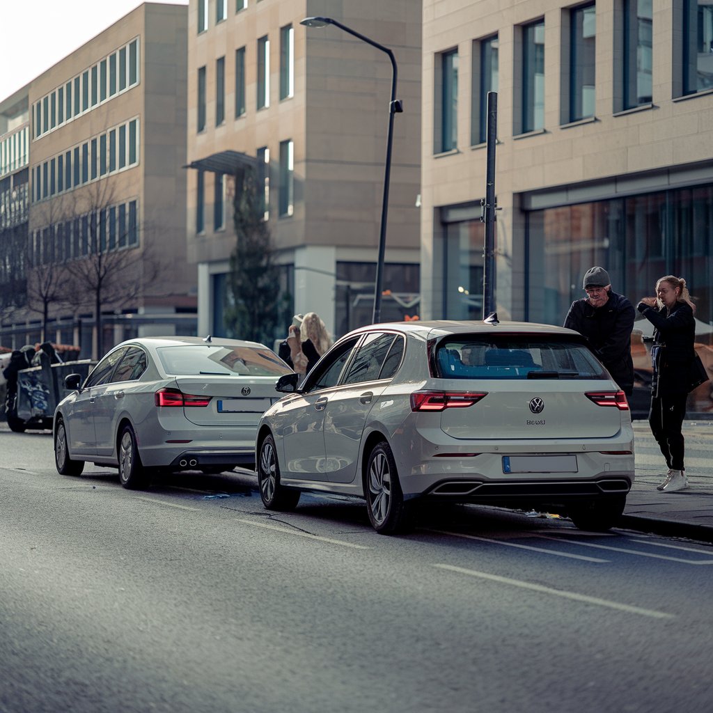 Weißer Volkswagen Golf kollidiert mit silbernem BMW 3er auf einer geschäftigen Straße in Düsseldorf.