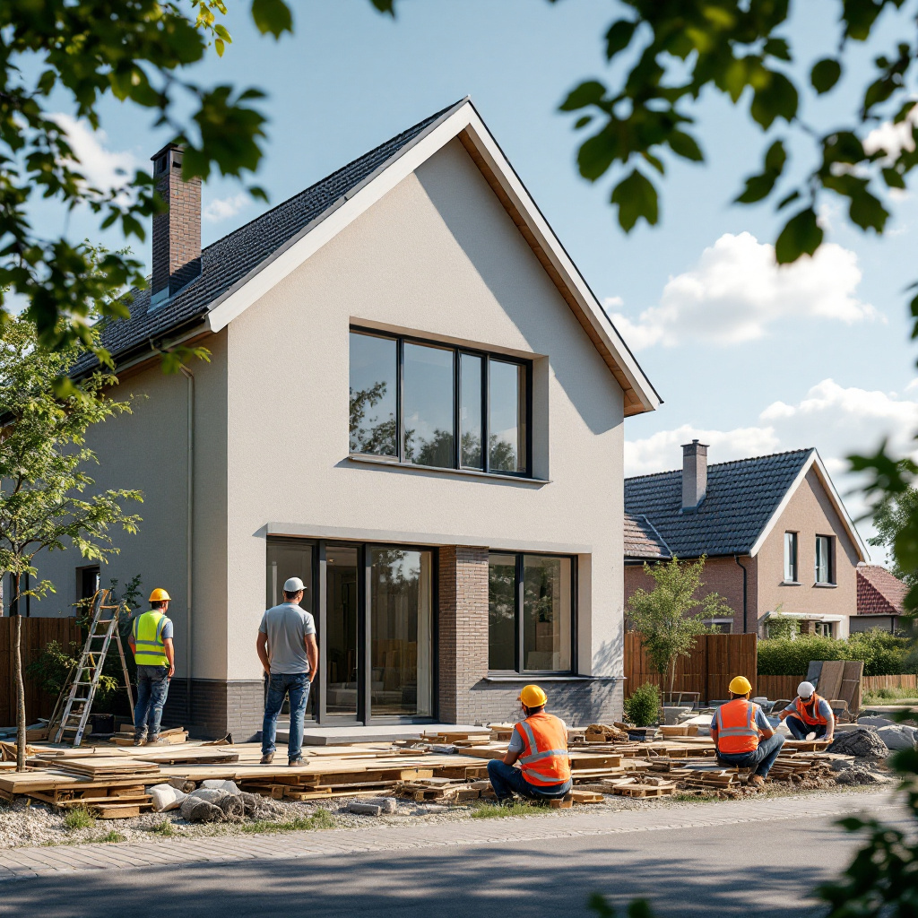 Baustelle eines Doppelhauses in Deutschland mit unzulässigem Abstand zur Nachbarimmobilie. Eigentümer beobachtet Arbeiten.