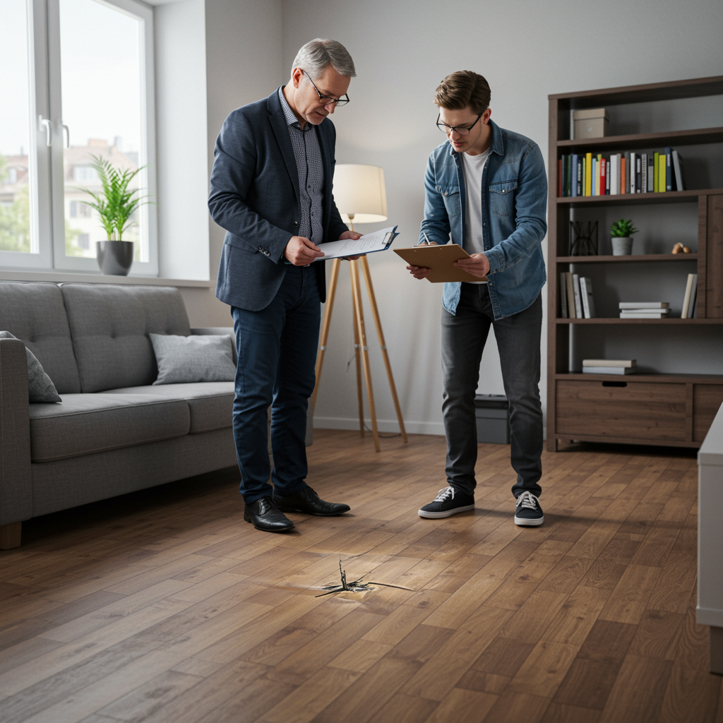 Vermieter und Mieter diskutieren angespannt über einen Kratzer im Fußboden bei der Wohnungsübergabe.