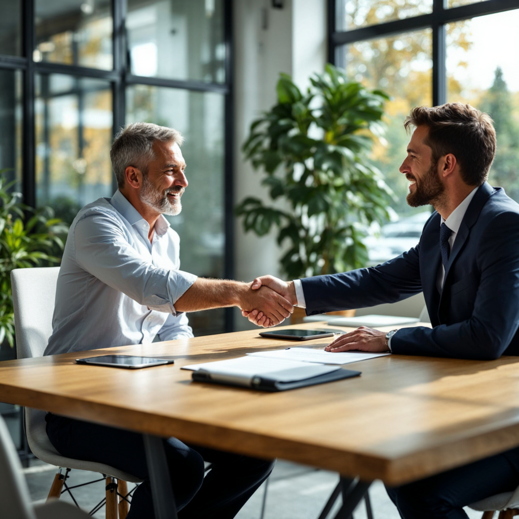 Fitnessstudiobetreiber und Mentor schütteln sich die Hände über einem Vertrag in modernem Büro.Fitnessstudiobetreiber und Mentor schütteln sich die Hände über einem Vertrag in modernem Büro.