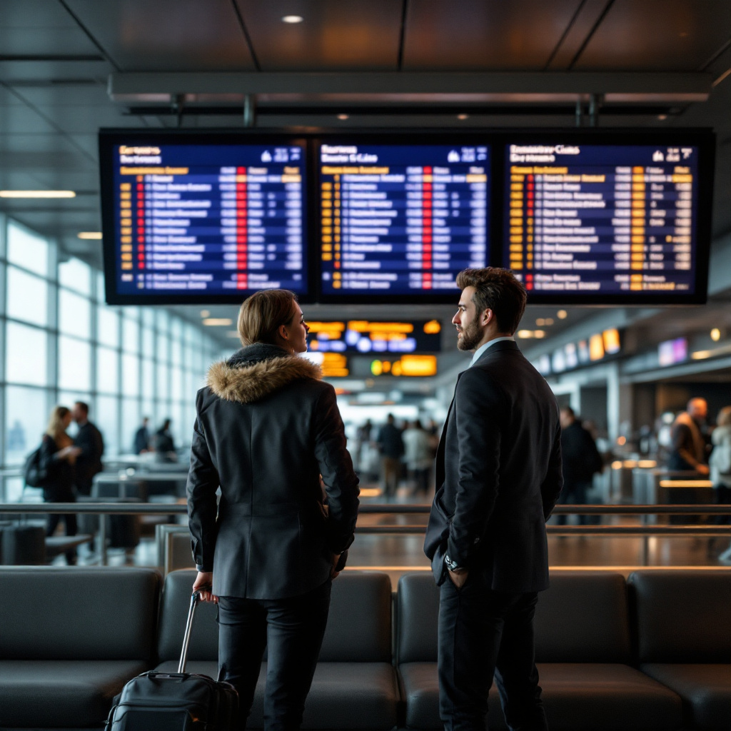 Paar in Flughafen-Lounge vergleicht Economy-Tickets mit Business-Class-Buchung vor Abflugsanzeige.
