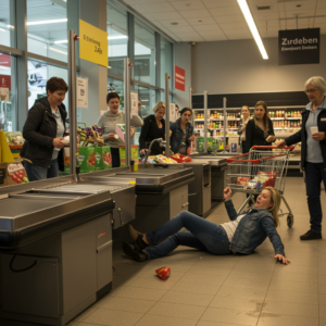 Frau fällt im Supermarkt an der Kasse, Reaktionen anderer Käufer und eines Mitarbeiters sind sichtbar.