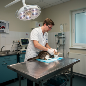 Tierarzt behandelt eine gestresste Katze in einem modernen Untersuchungsraum ohne Einwilligung des Besitzers.