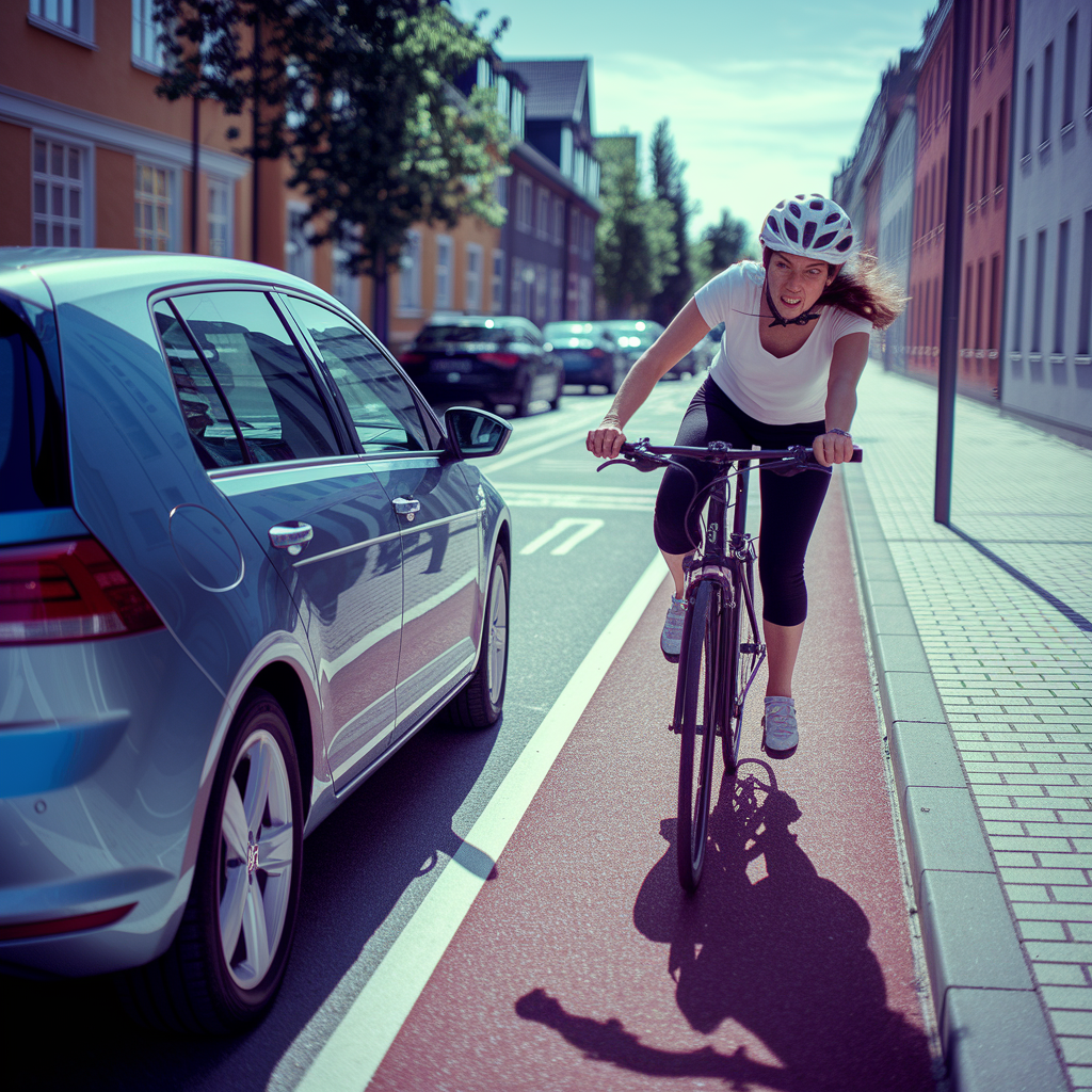 Auto überholt Fahrradfahrerin auf Radweg in Magdeburg; gefährliche Annäherung, sichtbare Besorgnis der Radfahrerin.