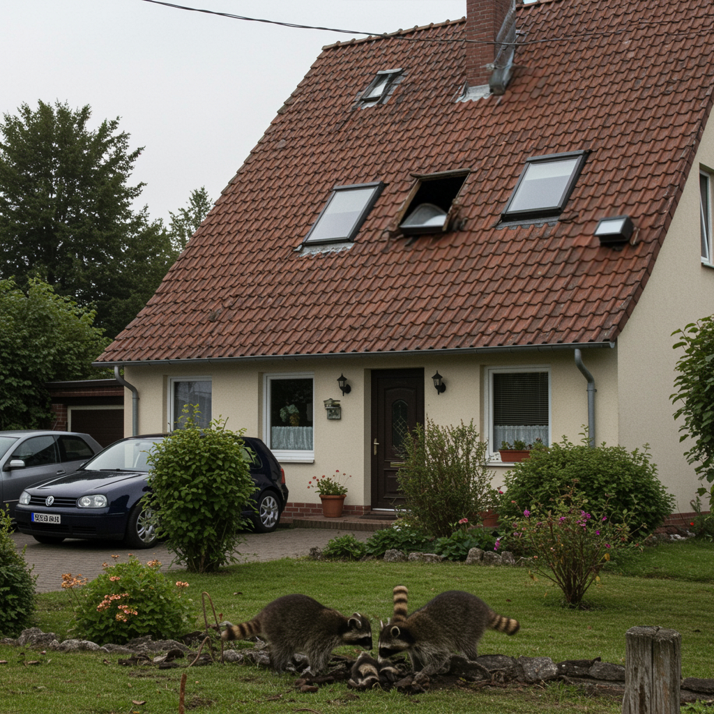 Familie Waschbären entdeckt Zugang zum Dachboden eines Hauses mit rotem Ziegeldach in deutscher Vorstadt.
