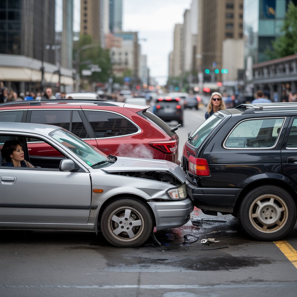 Unfall auf städtischer Straße: Drei autos stehen nach Kollision, Fahrerinnen mit schockiertem Blick