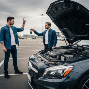 Zwei Männer diskutieren über einen Gebrauchtwagen mit geöffneter Motorhaube, der Mängel trotz Gewährleistungsausschluss hat.