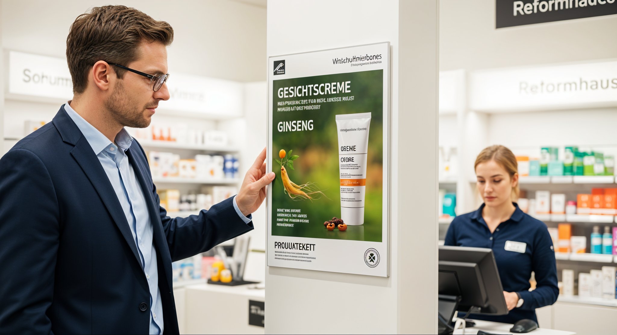 Mann betrachtet irreführende Kosmetikwerbung mit Ginseng, während die Frau an der Kasse arbeitet; EU-Rechtsprüfung notwendig.