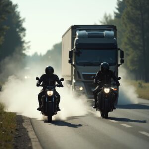 Die vorsätzliche Gefährdung der Motorradfahrer tritt hinter den Abstandsfehler des Lastwagens zurück bei der Haftungsabwägung.