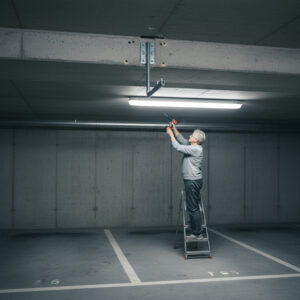 Eine Mieterin montiert auf einer Leiter eine Halterung an die rohe Betondecke der Tiefgarage.