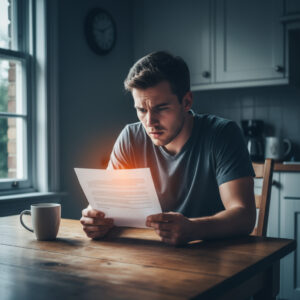 Ein junger Mann sitzt an seinem Küchentisch und liest sichtlich überfordert ein Anwaltsschreiben wegen seiner negativen Bewertung.