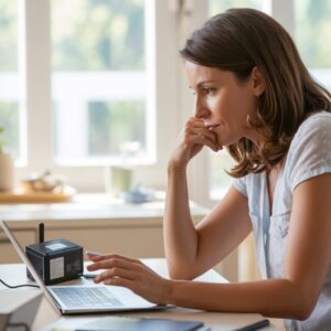 Eine Frau formuliert am Laptop eine nachdenkliche und sachliche Bewertung, während das Produkt neben ihr auf dem Tisch liegt.