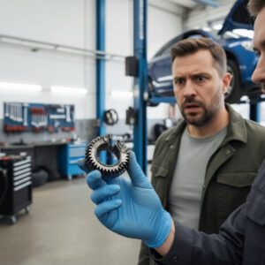 Ein Mechaniker in einer Werkstatt zeigt einem besorgten Autobesitzer ein kaputtes, öliges Zahnrad aus einem Getriebe.