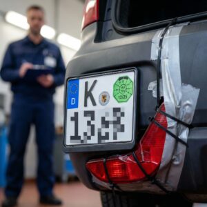 Ein Prüfer bringt eine glänzende, offizielle Prüfplakette auf das Kennzeichen eines Autos mit sichtbaren, provisorischen Unfallschäden an.
