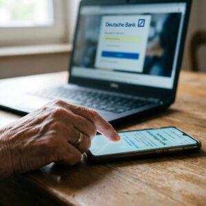 Nahaufnahme einer unvorsichtigen Hand, die auf einem Smartphone einen Link antippt; unscharf im Hintergrund ist ein Laptop mit einer gefälschten Banking-Seite.