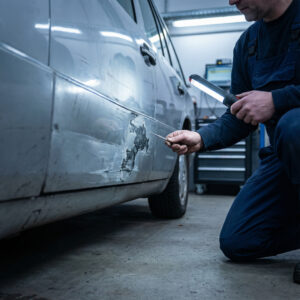 Ein Kfz-Sachverständiger untersucht kniend eine Karosseriestelle, an der neue Schäden schlecht reparierten Vorschaden offenlegen.