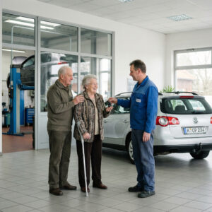 Seniorin mit Gehstütze nimmt im Autohaus Schlüssel für ein Ersatzauto entgegen, ihr Mann steht unterstützend daneben.