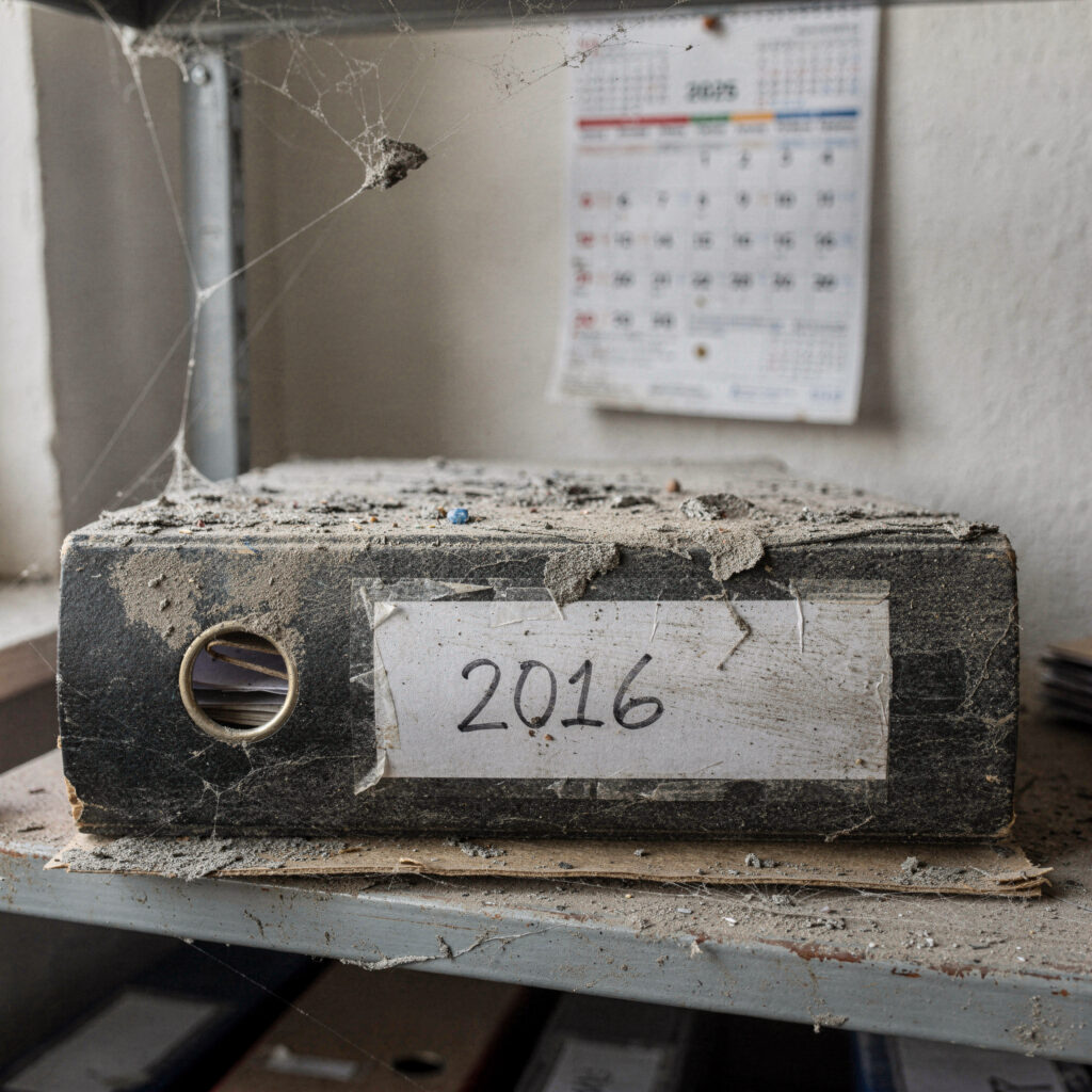 Dicke Staubschicht auf einem geschlossenen Aktenordner mit der vergilbten Aufschrift 2016 in einem Regal.