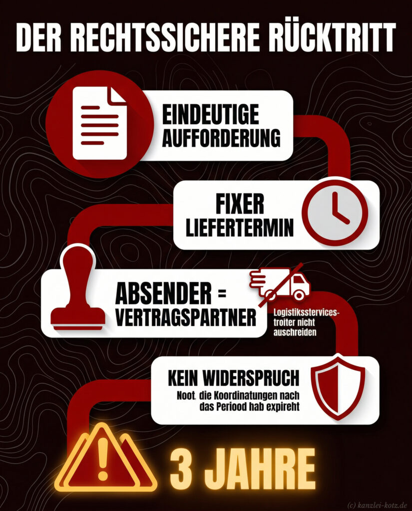 Infografik: Checkliste für den rechtssicheren Rücktritt unter UN-Kaufrecht mit Fokus auf Nachfrist und Verjährung.