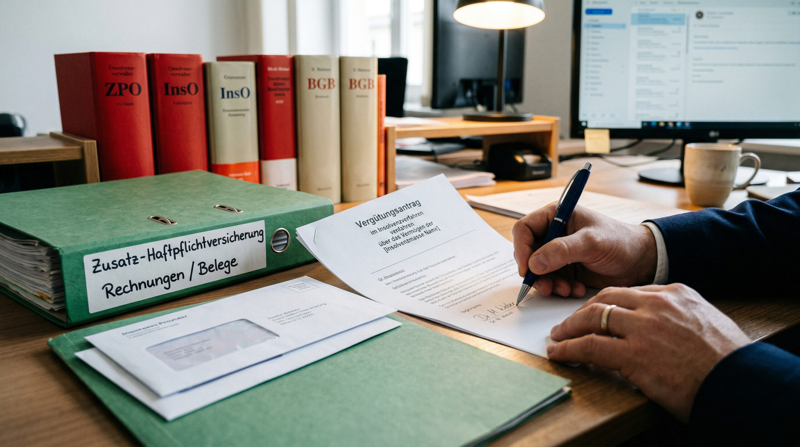 Insolvenzverwalter unterschreibt Vergütungsantrag; daneben ein Ordner für Zusatz-Haftpflichtversicherung mit Rechnungen.