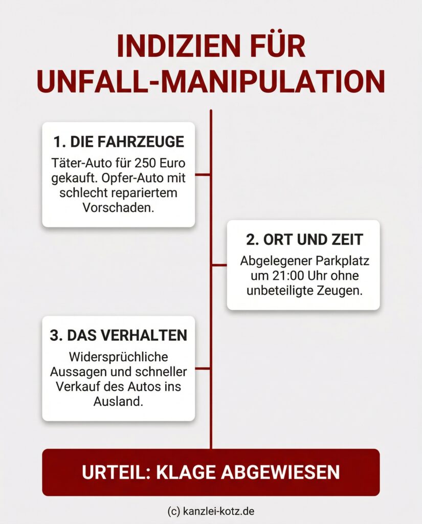 Infografik: Drei Hauptindizien für einen manipulierten Unfall (Fahrzeuge, Ort/Zeit, Verhalten) führen zur Klageabweisung.