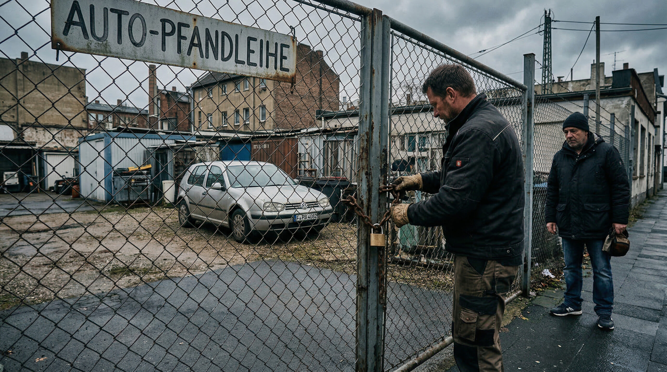 Ein Mann steht fassungslos vor einem verschlossenen Gittertor eines Autopfandleihhauses, dahinter sein alter Pkw.