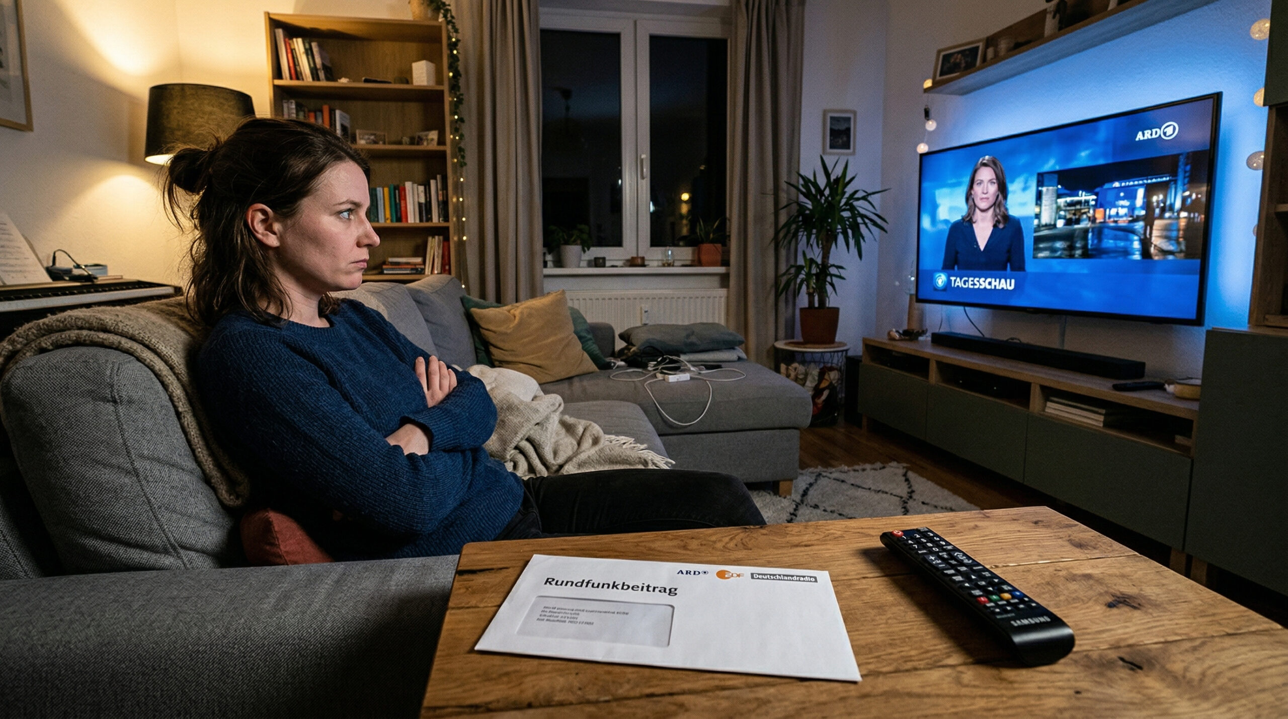 Person blickt skeptisch auf einen Fernseher, im Vordergrund liegt ein Brief mit der Aufschrift Rundfunkbeitrag auf dem Tisch.