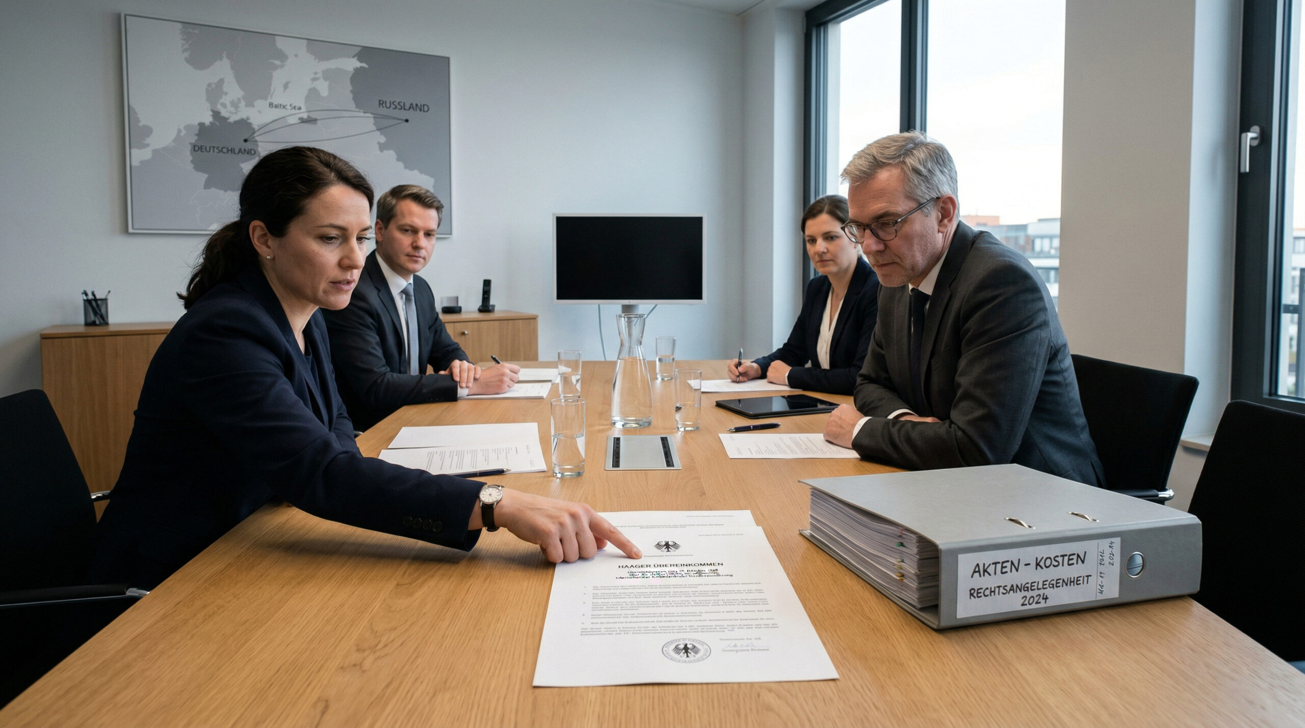 Vertreter deutet in einem Konferenzraum auf ein völkerrechtliches Dokument neben einem dicken Aktenordner.