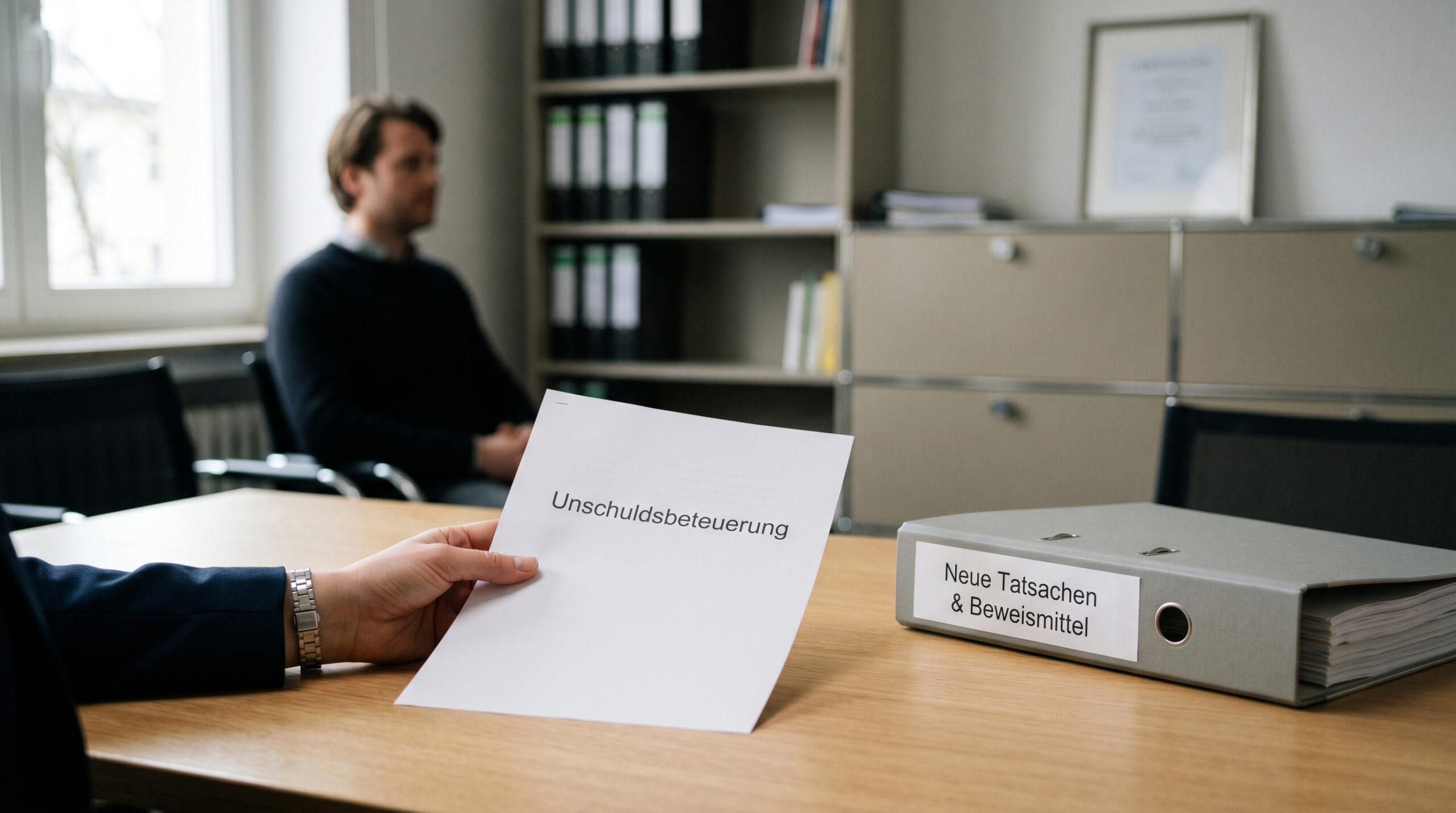 Anwalt schiebt dicke Akte beiseite und präsentiert ein einzelnes Blatt Papier mit der Aufschrift Unschuldsbeteuerung.