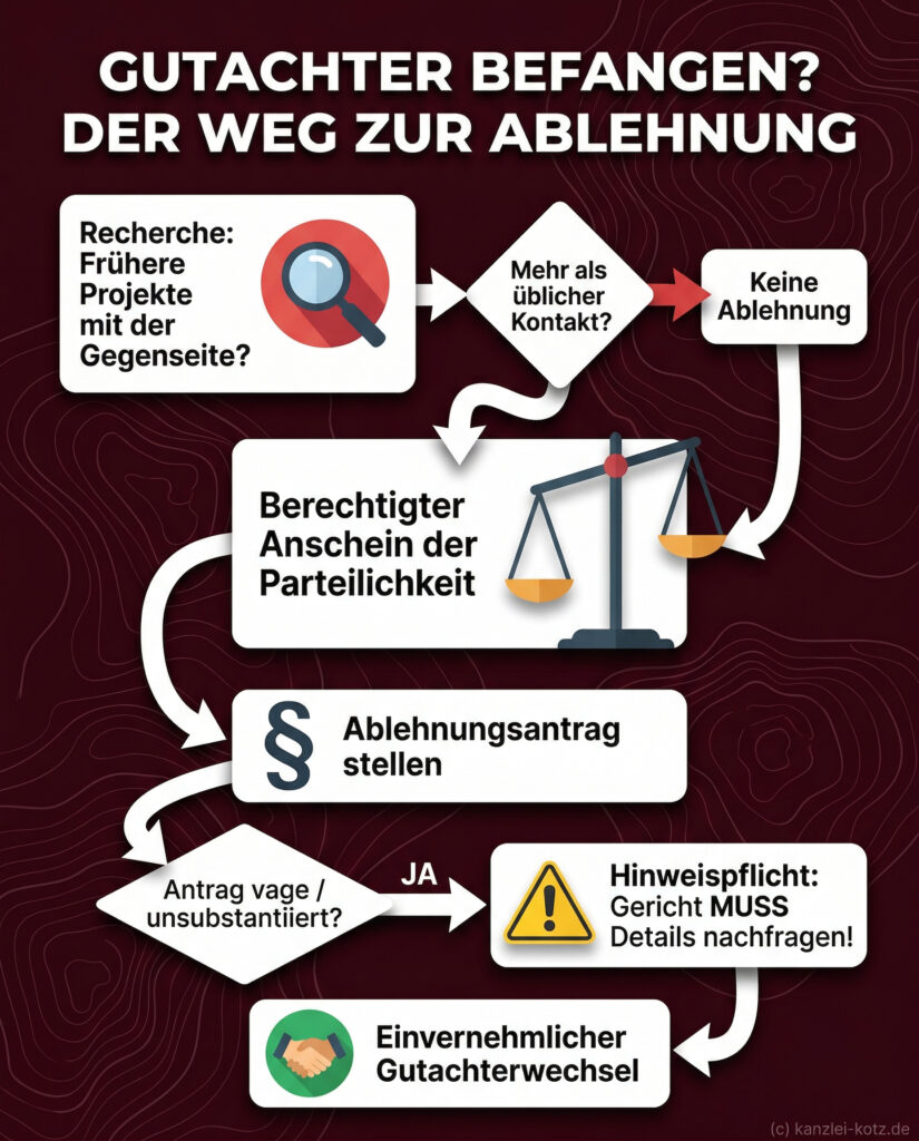 Infografik zum Ablauf eines Befangenheitsantrags gegen Sachverständige bei Vorarbeiten am Bau.