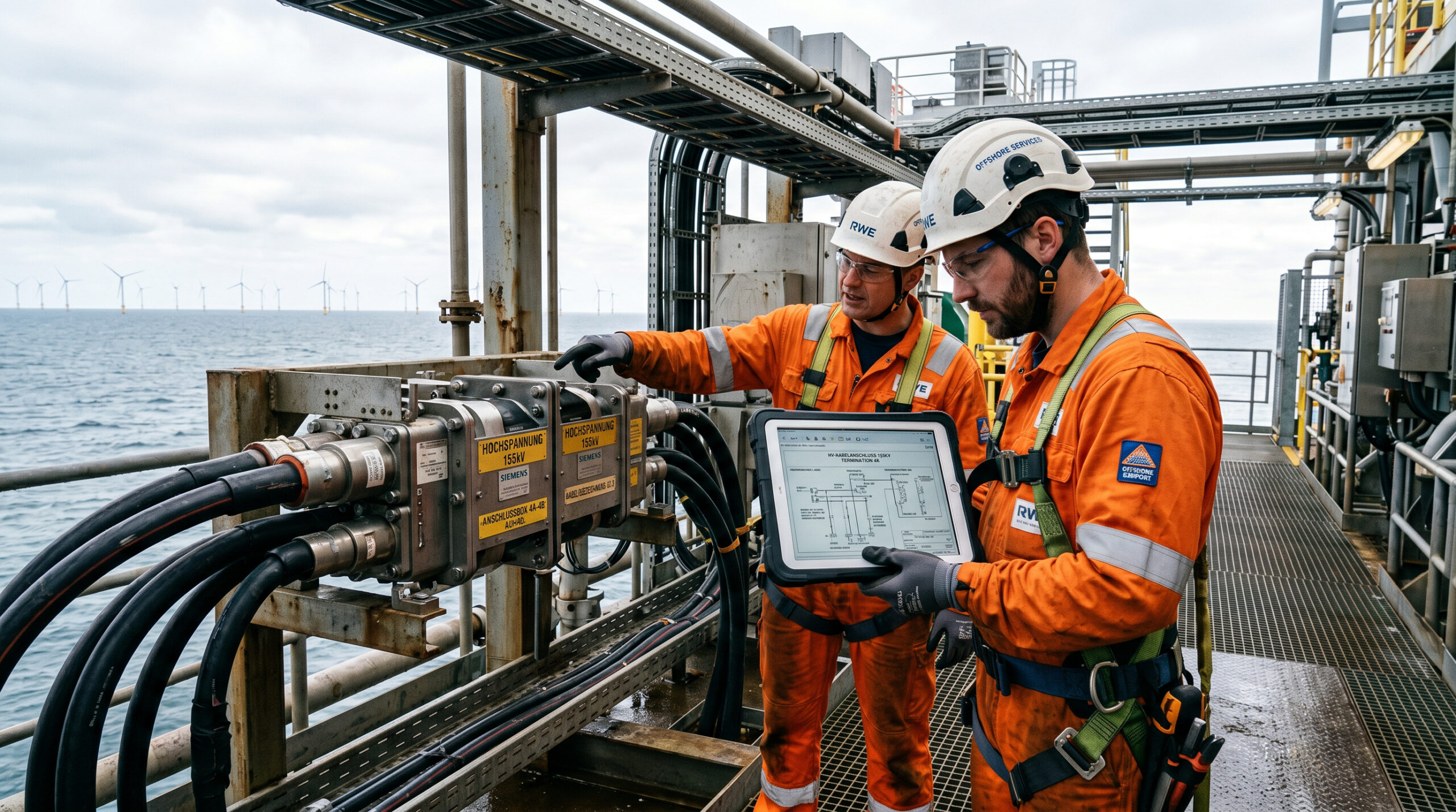 Techniker auf Offshore-Plattform prüfen Seekabel-Anschluss mit digitalem Bauplan auf einem Tablet vor Windpark-Kulisse.
