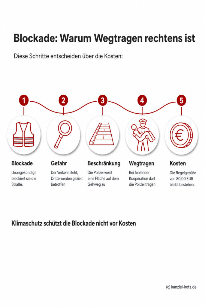 Infografik: Warum eine unangekündigte Straßenblockade zur Gefahrenlage, polizeilichen Beschränkung, Wegtragen und einer Regelgebühr von 80 Euro führen kann.